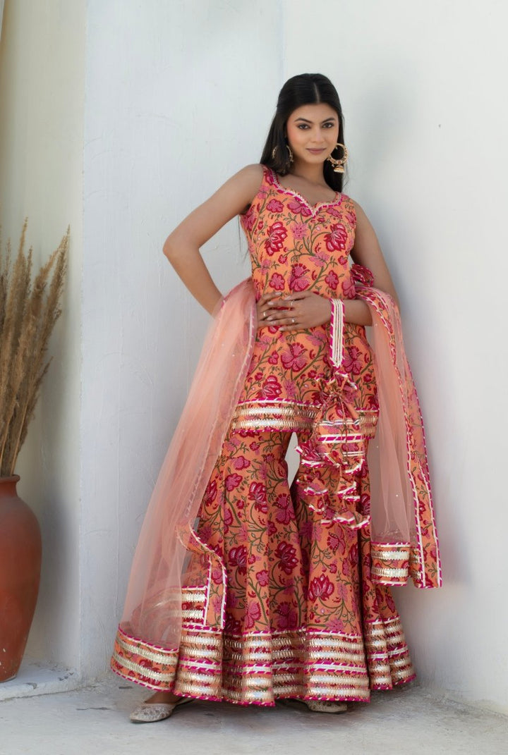 CHHIPA BAZAR MAHA PEACH COTTON GOTA PATTI SHARARA WITH SOFT NET DUPATTA - Pomcha Jaipur