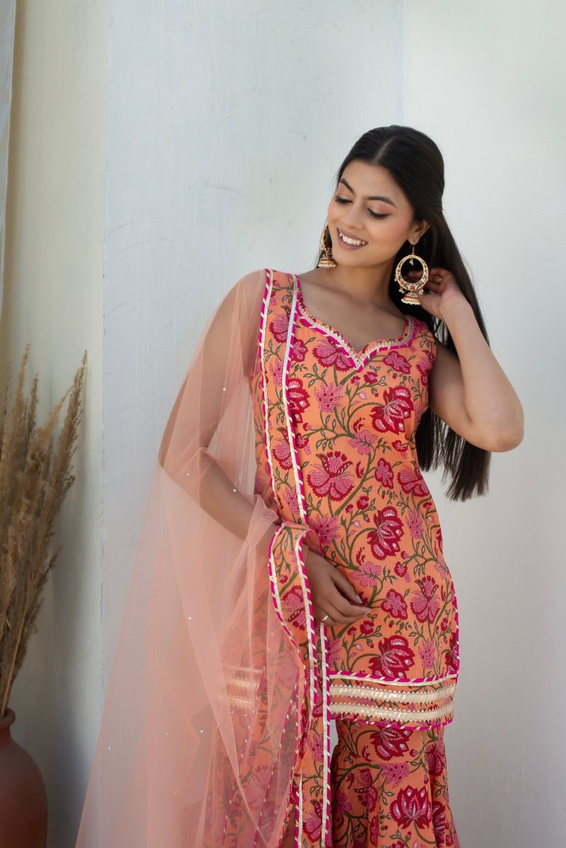 CHHIPA BAZAR MAHA PEACH COTTON GOTA PATTI SHARARA WITH SOFT NET DUPATTA - Pomcha Jaipur