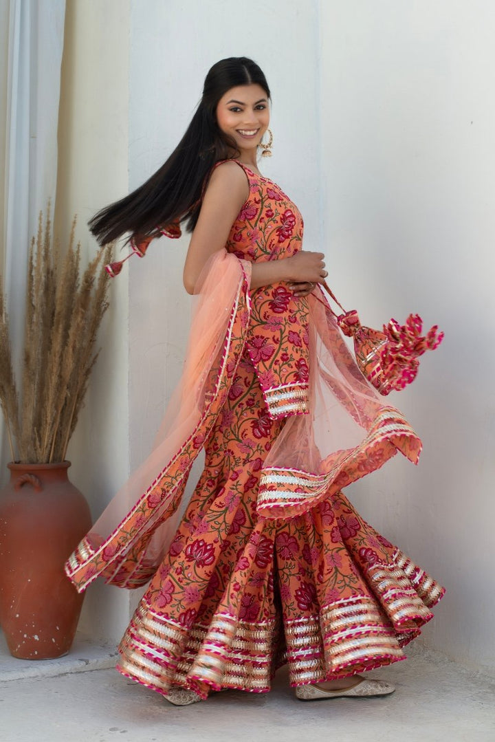 CHHIPA BAZAR MAHA PEACH COTTON GOTA PATTI SHARARA WITH SOFT NET DUPATTA - Pomcha Jaipur