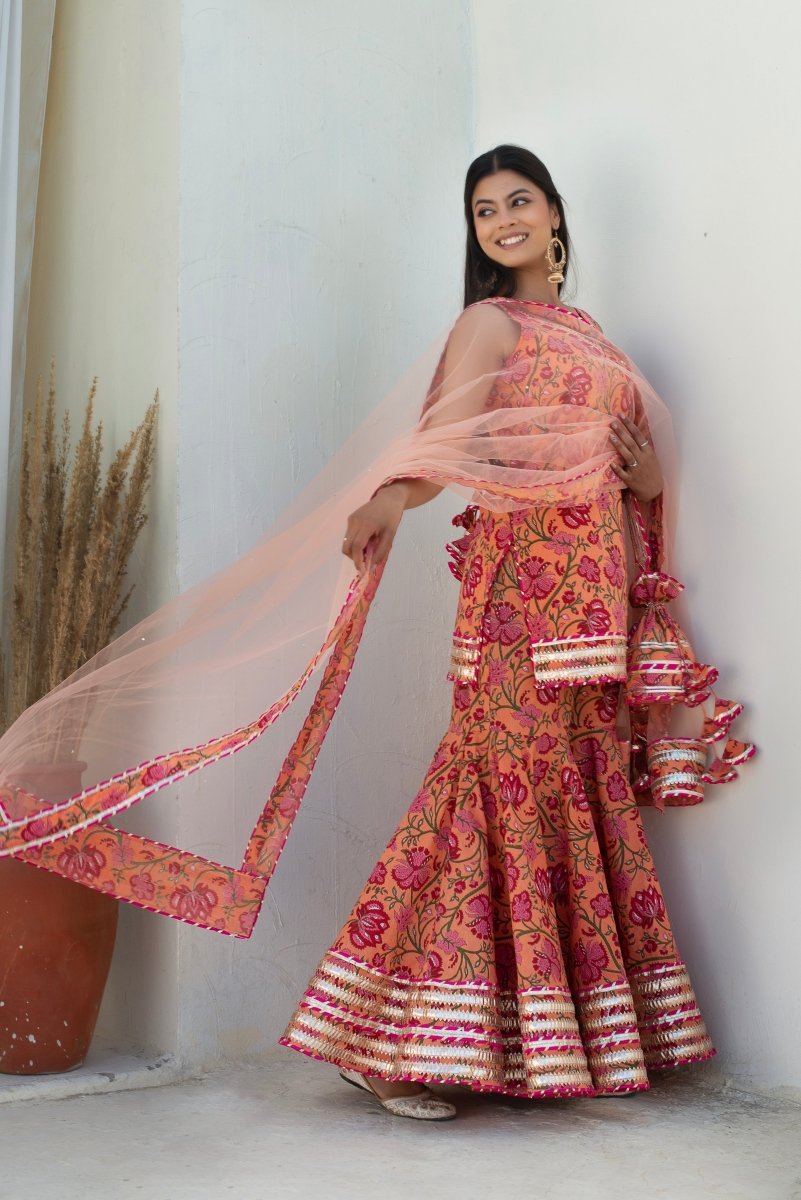 CHHIPA BAZAR MAHA PEACH COTTON GOTA PATTI SHARARA WITH SOFT NET DUPATTA - Pomcha Jaipur