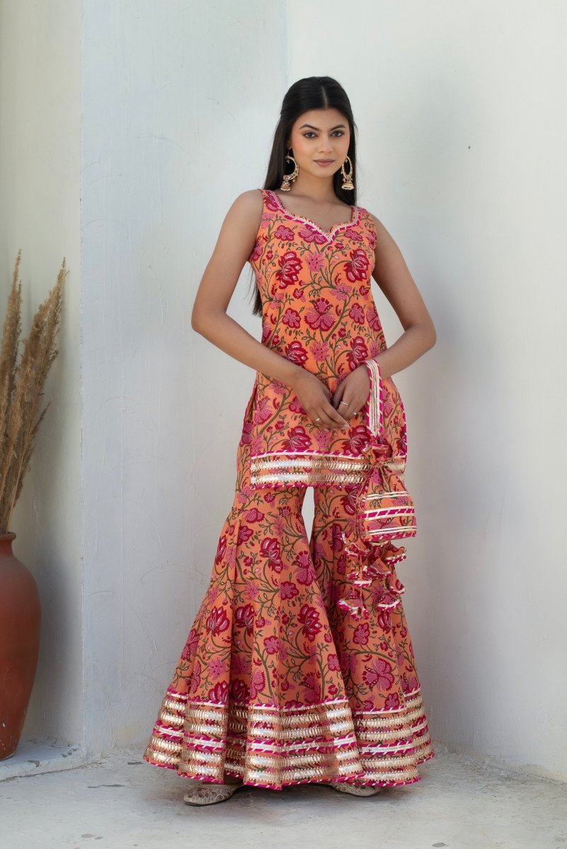 CHHIPA BAZAR MAHA PEACH COTTON GOTA PATTI SHARARA WITH SOFT NET DUPATTA - Pomcha Jaipur