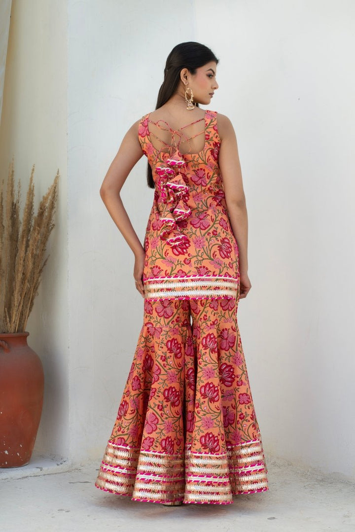 CHHIPA BAZAR MAHA PEACH COTTON GOTA PATTI SHARARA WITH SOFT NET DUPATTA - Pomcha Jaipur