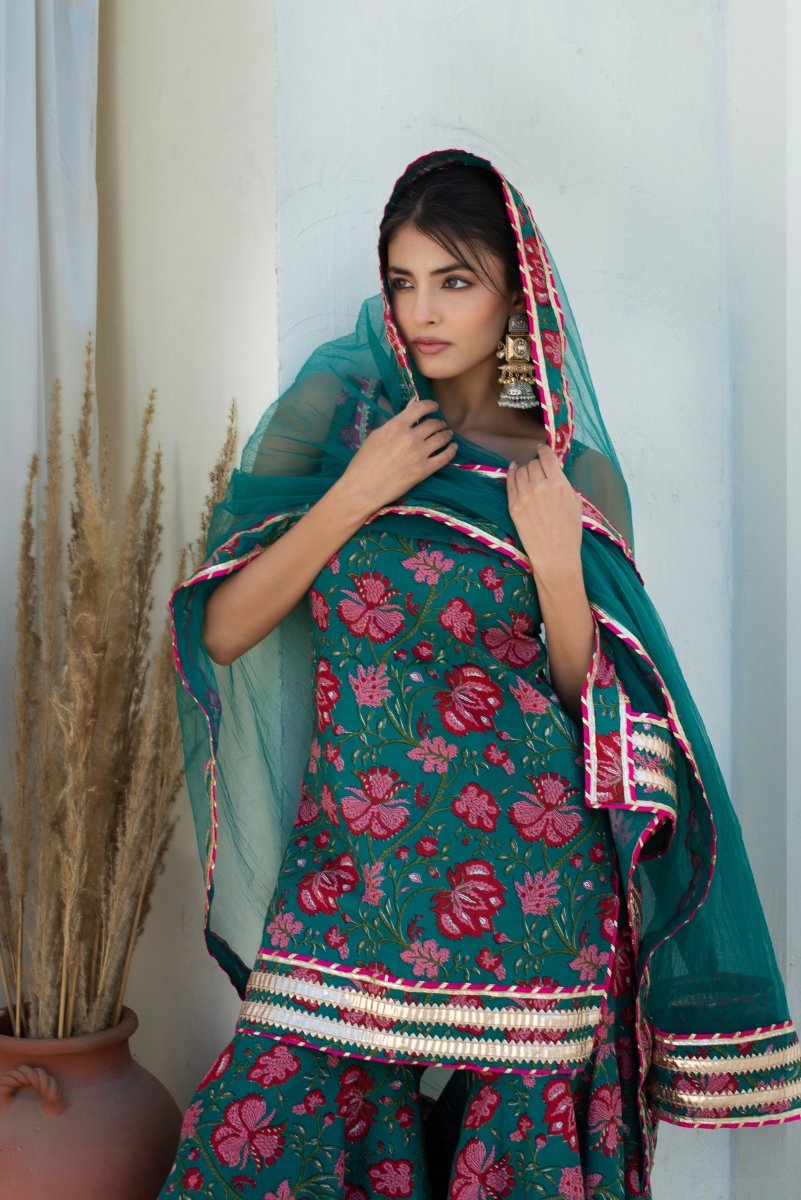 CHHIPA BAZAR MAHA TEAL BLUE COTTON GOTA PATTI SHARARA WITH SOFT NET DUPATTA - Pomcha Jaipur