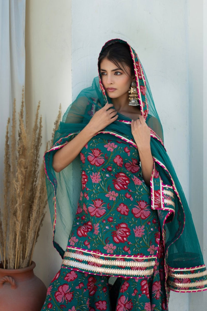 CHHIPA BAZAR MAHA TEAL BLUE COTTON GOTA PATTI SHARARA WITH SOFT NET DUPATTA - Pomcha Jaipur