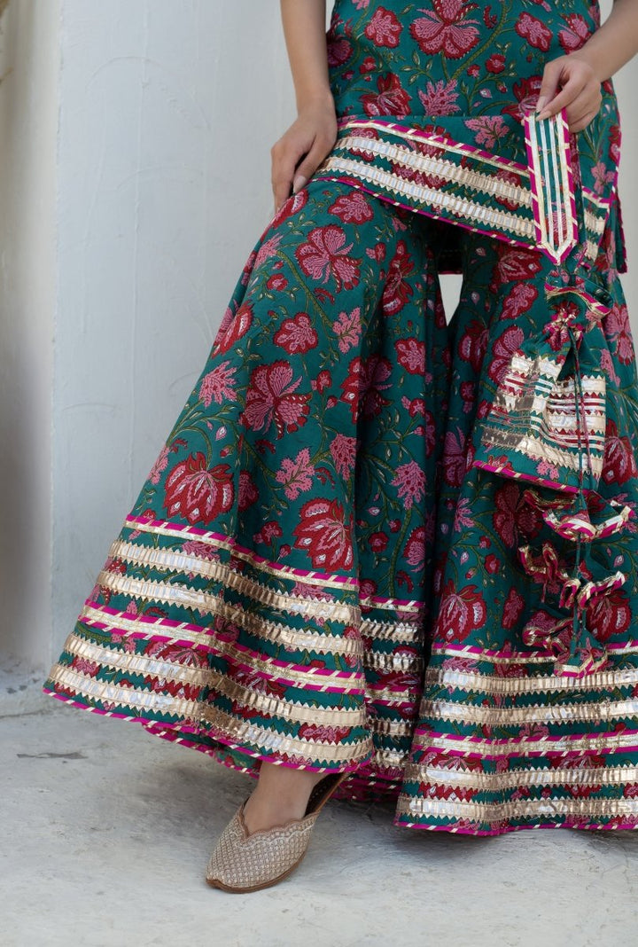 CHHIPA BAZAR MAHA TEAL BLUE COTTON GOTA PATTI SHARARA WITH SOFT NET DUPATTA - Pomcha Jaipur