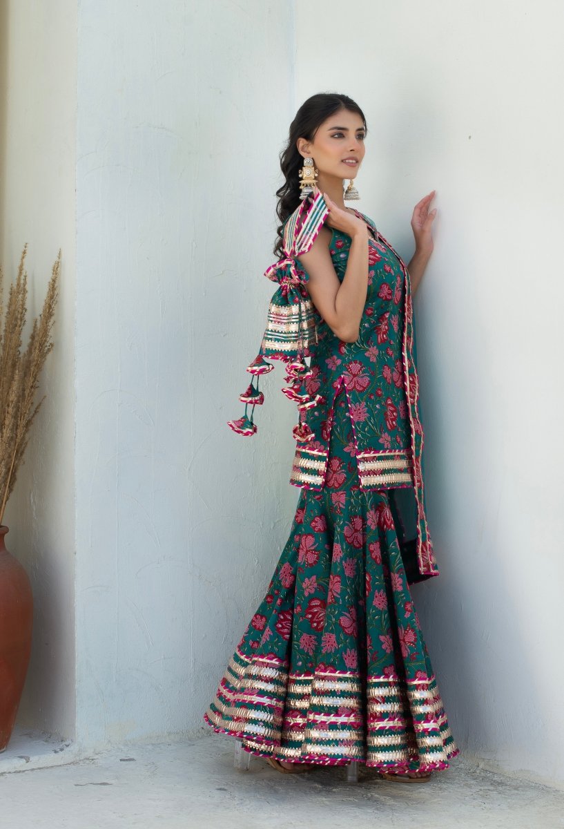 CHHIPA BAZAR MAHA TEAL BLUE COTTON GOTA PATTI SHARARA WITH SOFT NET DUPATTA - Pomcha Jaipur