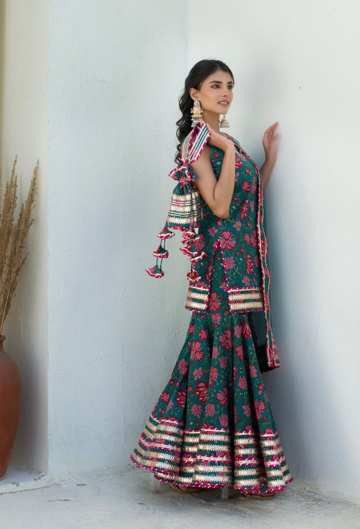 CHHIPA BAZAR MAHA TEAL BLUE COTTON GOTA PATTI SHARARA WITH SOFT NET DUPATTA - Pomcha Jaipur