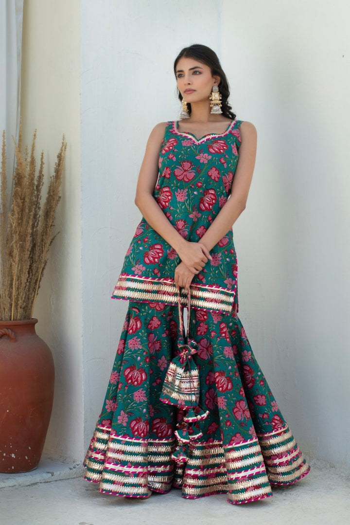 CHHIPA BAZAR MAHA TEAL BLUE COTTON GOTA PATTI SHARARA WITH SOFT NET DUPATTA - Pomcha Jaipur