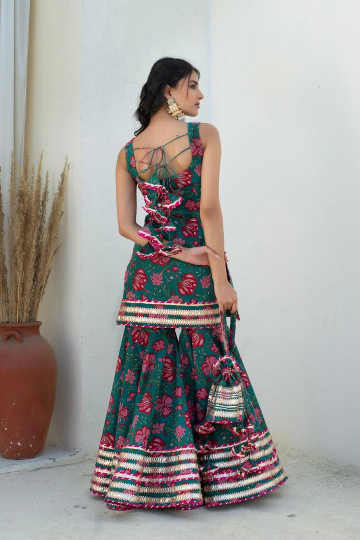 CHHIPA BAZAR MAHA TEAL BLUE COTTON GOTA PATTI SHARARA WITH SOFT NET DUPATTA - Pomcha Jaipur