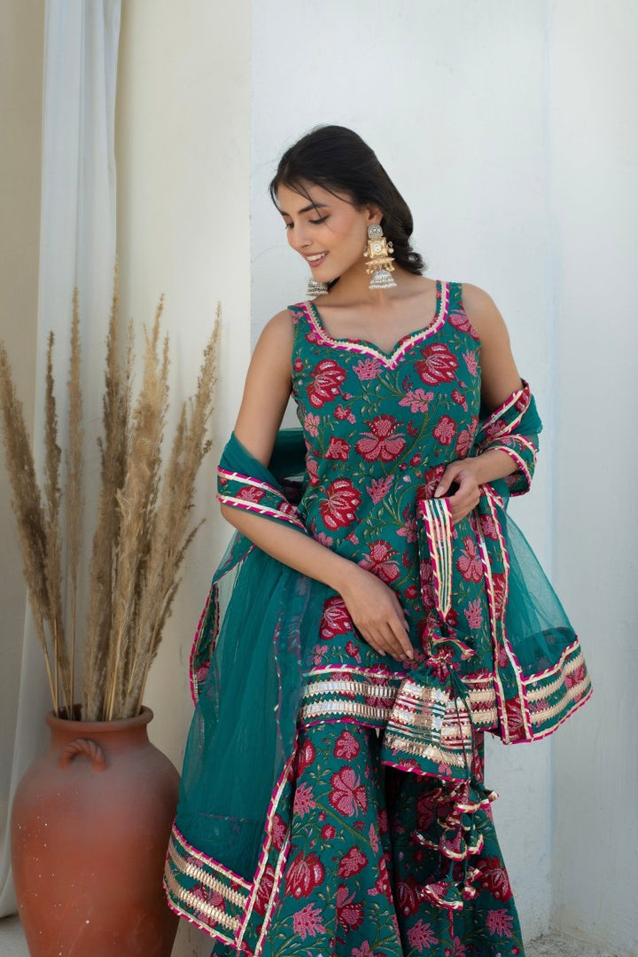 CHHIPA BAZAR MAHA TEAL BLUE COTTON GOTA PATTI SHARARA WITH SOFT NET DUPATTA - Pomcha Jaipur