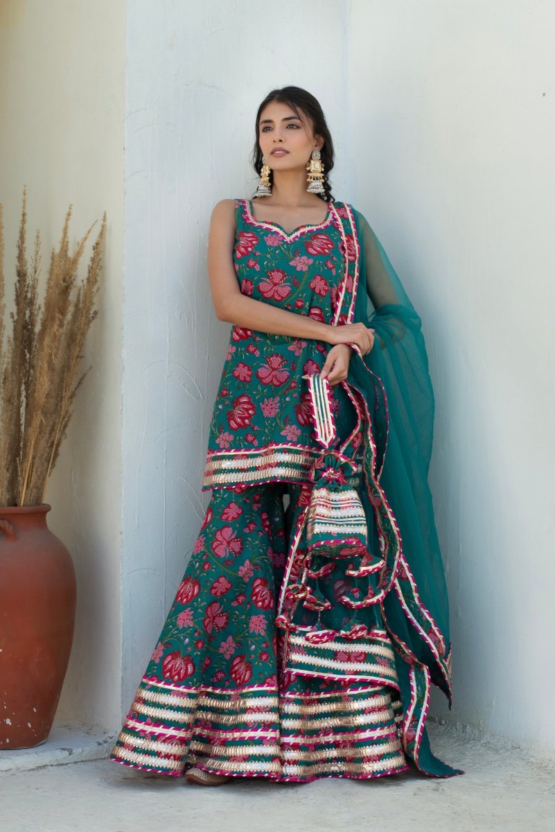 CHHIPA BAZAR MAHA TEAL BLUE COTTON GOTA PATTI SHARARA WITH SOFT NET DUPATTA - Pomcha Jaipur