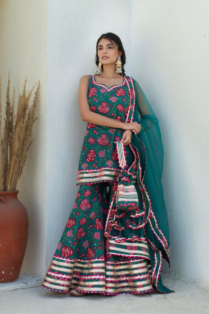 CHHIPA BAZAR MAHA TEAL BLUE COTTON GOTA PATTI SHARARA WITH SOFT NET DUPATTA - Pomcha Jaipur