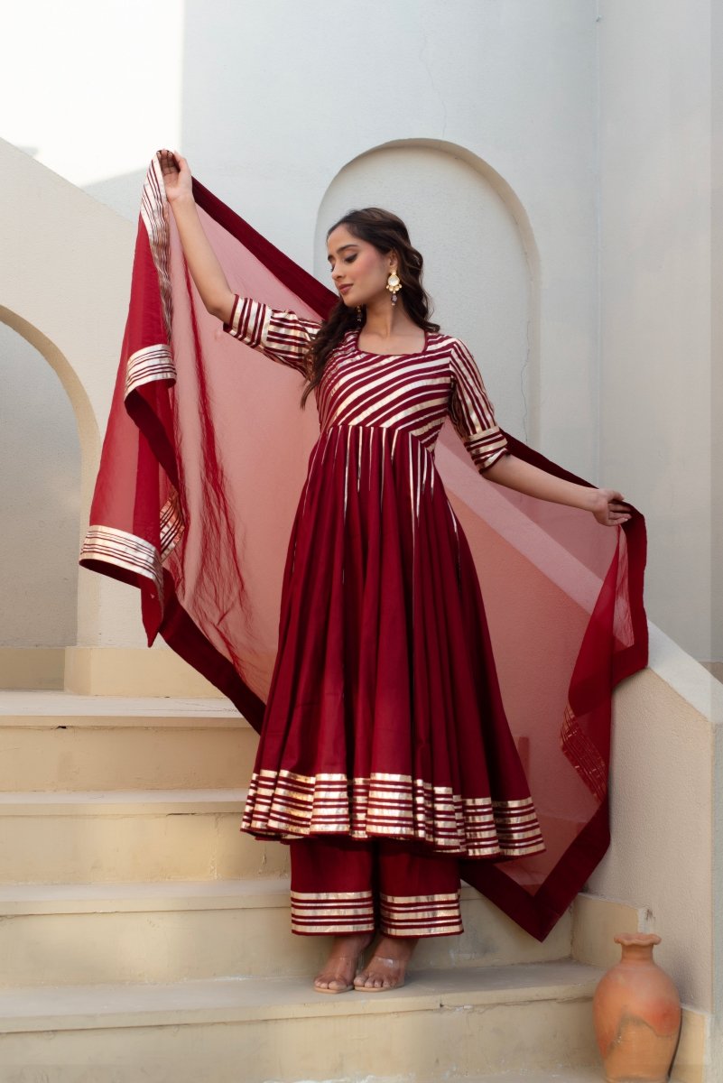 CHHIPA BAZAR MAROON GLACE COTTON GOTA PATTI ANARKALI WITH ORGANZA DUPATTA - Pomcha Jaipur