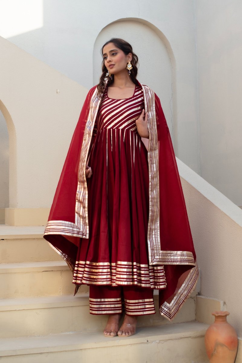 CHHIPA BAZAR MAROON GLACE COTTON GOTA PATTI ANARKALI WITH ORGANZA DUPATTA - Pomcha Jaipur