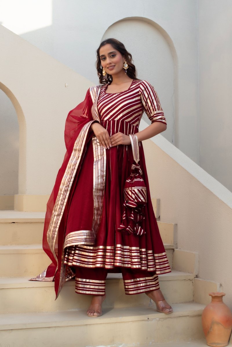 CHHIPA BAZAR MAROON GLACE COTTON GOTA PATTI ANARKALI WITH ORGANZA DUPATTA - Pomcha Jaipur