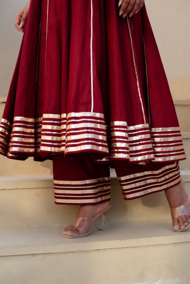 CHHIPA BAZAR MAROON GLACE COTTON GOTA PATTI ANARKALI WITH ORGANZA DUPATTA - Pomcha Jaipur