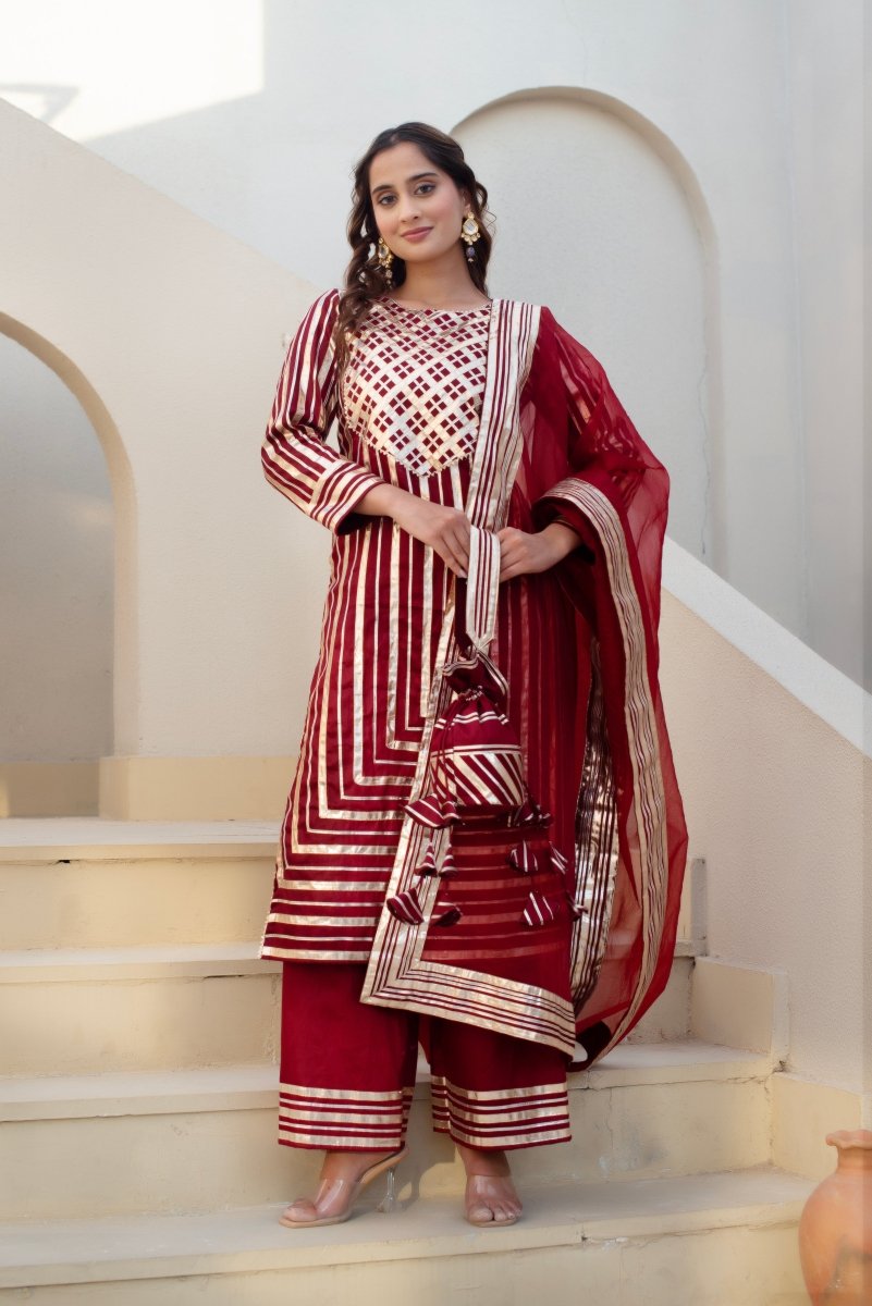 CHHIPA BAZAR MAROON GLACE COTTON GOTA PATTI SUIT SET WITH ORGANZA DUPATTA - Pomcha Jaipur