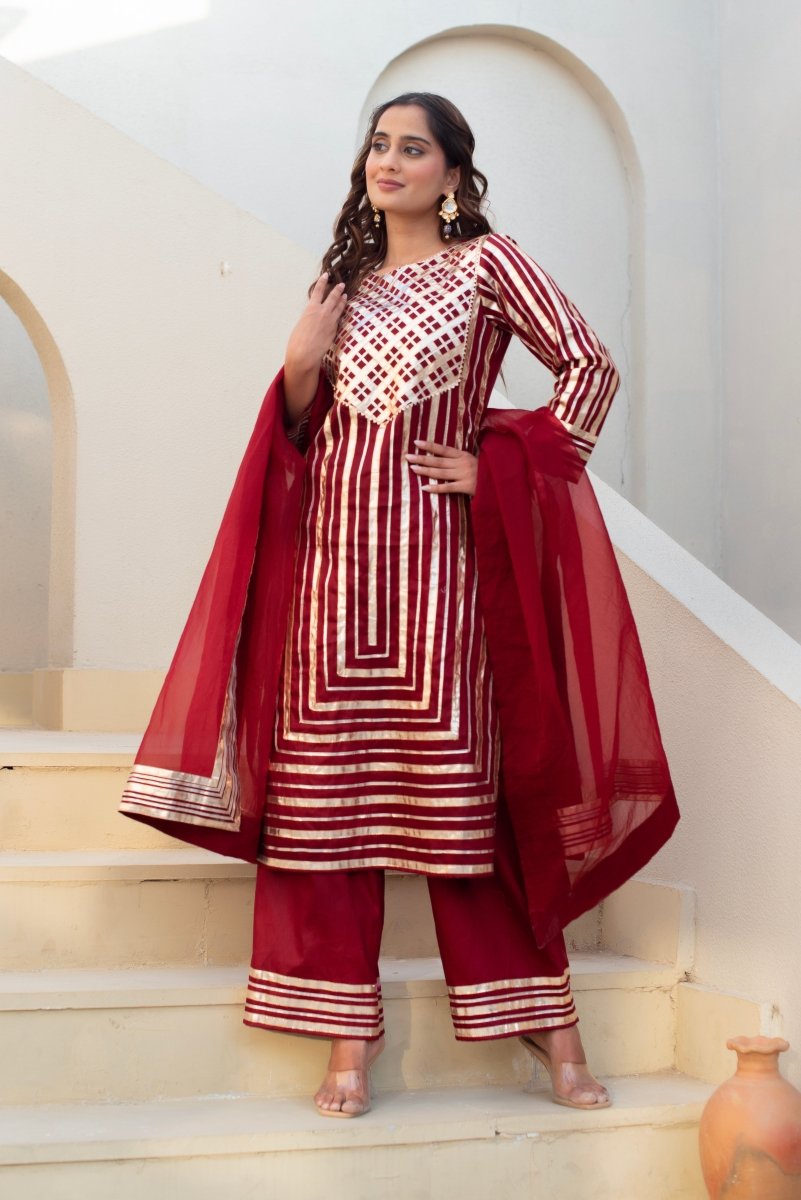 CHHIPA BAZAR MAROON GLACE COTTON GOTA PATTI SUIT SET WITH ORGANZA DUPATTA - Pomcha Jaipur