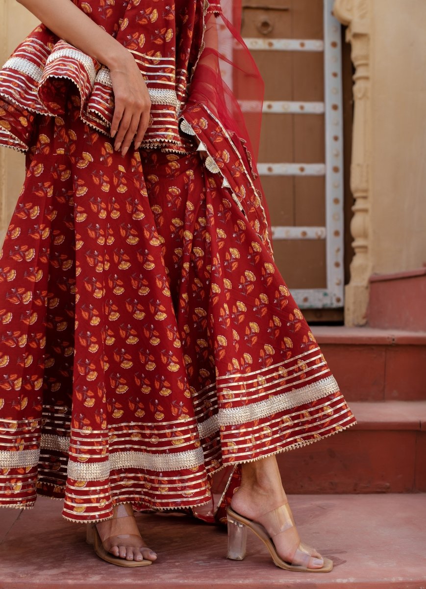 CHHIPA BAZAR MISHIKA RED COTTON GOTA PATTI SHARARA SET WITH SOFT NET DUPATTA - Pomcha Jaipur