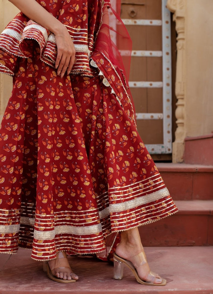 CHHIPA BAZAR MISHIKA RED COTTON GOTA PATTI SHARARA SET WITH SOFT NET DUPATTA - Pomcha Jaipur