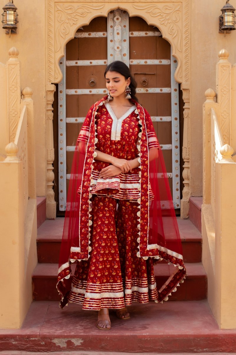 CHHIPA BAZAR MISHIKA RED COTTON GOTA PATTI SHARARA SET WITH SOFT NET DUPATTA - Pomcha Jaipur