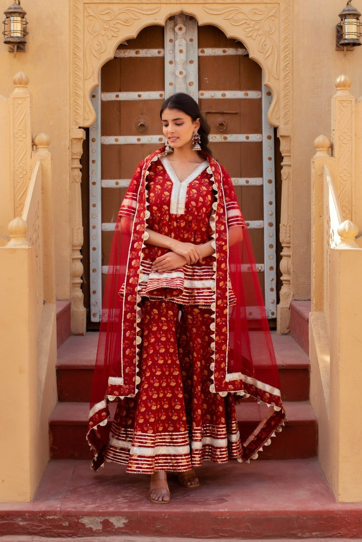 CHHIPA BAZAR MISHIKA RED COTTON GOTA PATTI SHARARA SET WITH SOFT NET DUPATTA - Pomcha Jaipur