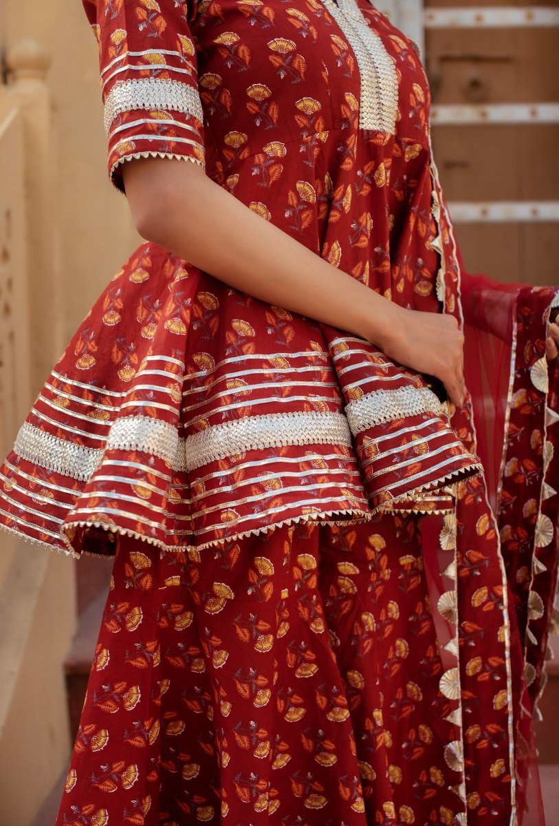 CHHIPA BAZAR MISHIKA RED COTTON GOTA PATTI SHARARA SET WITH SOFT NET DUPATTA - Pomcha Jaipur