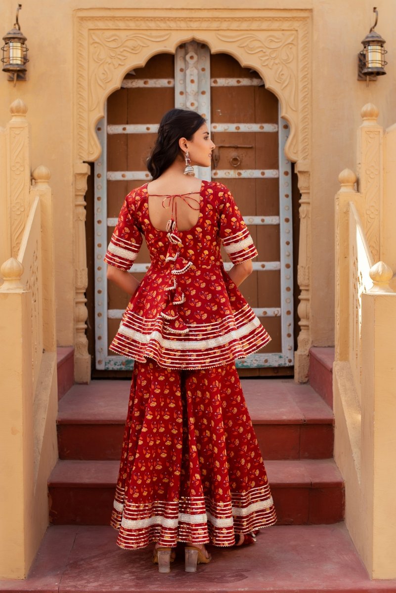 CHHIPA BAZAR MISHIKA RED COTTON GOTA PATTI SHARARA SET WITH SOFT NET DUPATTA - Pomcha Jaipur