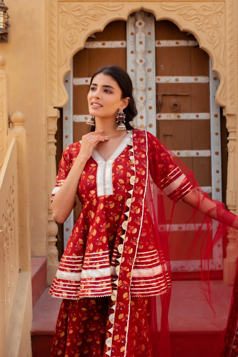 CHHIPA BAZAR MISHIKA RED COTTON GOTA PATTI SHARARA SET WITH SOFT NET DUPATTA - Pomcha Jaipur