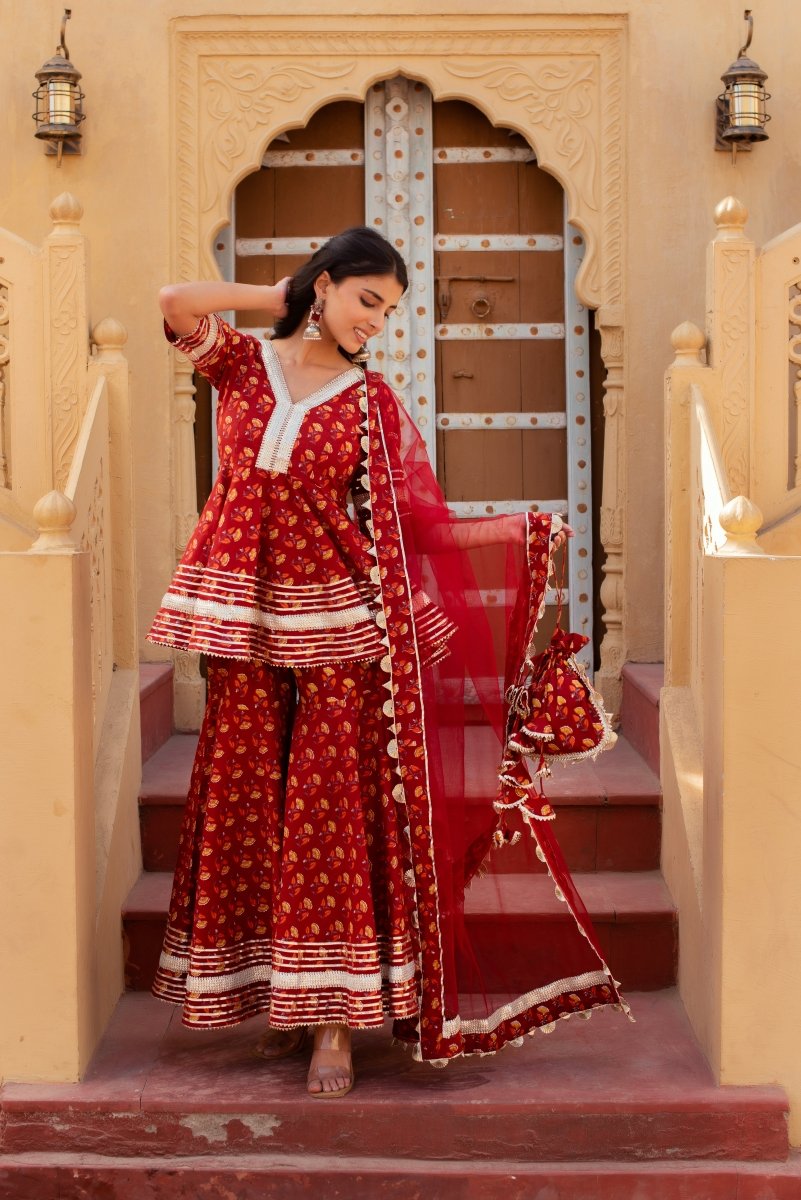 CHHIPA BAZAR MISHIKA RED COTTON GOTA PATTI SHARARA SET WITH SOFT NET DUPATTA - Pomcha Jaipur