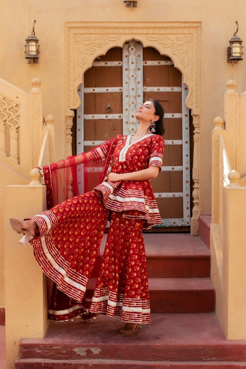 CHHIPA BAZAR MISHIKA RED COTTON GOTA PATTI SHARARA SET WITH SOFT NET DUPATTA - Pomcha Jaipur
