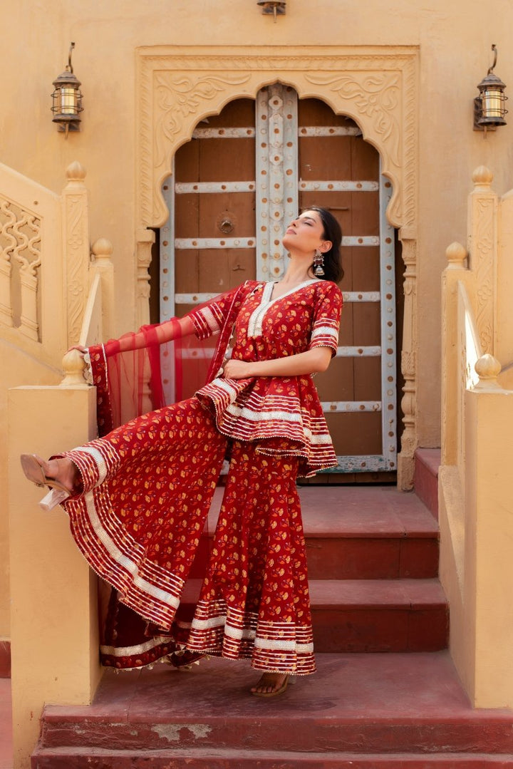CHHIPA BAZAR MISHIKA RED COTTON GOTA PATTI SHARARA SET WITH SOFT NET DUPATTA - Pomcha Jaipur