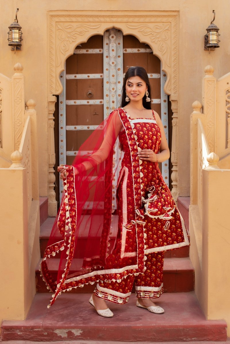 CHHIPA BAZAR MISHIKA RED COTTON HAND BLOCK GOTA PATTI SUIT SET WITH SOFT NET DUPATTA - Pomcha Jaipur