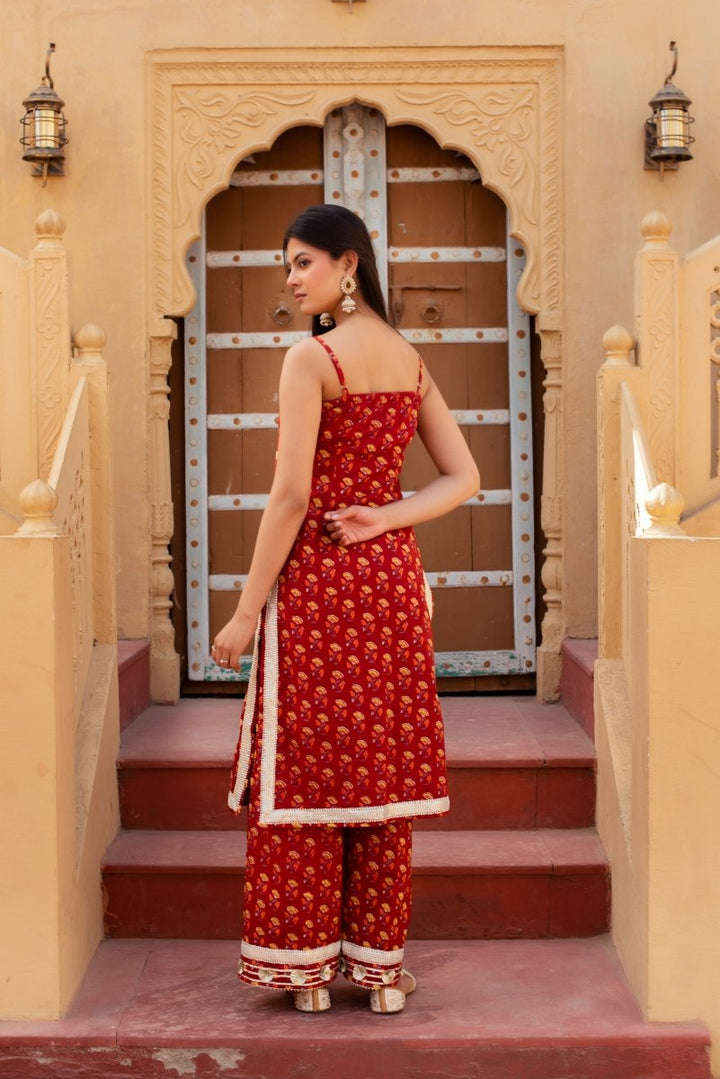 CHHIPA BAZAR MISHIKA RED COTTON HAND BLOCK GOTA PATTI SUIT SET WITH SOFT NET DUPATTA - Pomcha Jaipur