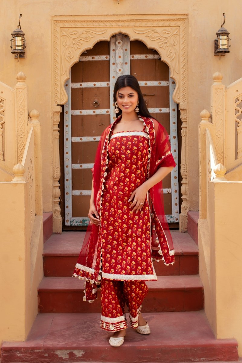CHHIPA BAZAR MISHIKA RED COTTON HAND BLOCK GOTA PATTI SUIT SET WITH SOFT NET DUPATTA - Pomcha Jaipur