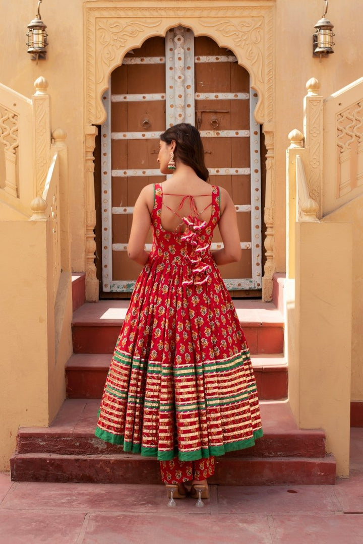 CHHIPA BAZAR PARI RED COTTON GOTA PATTI ANARKALI SET WITH SOFT NET DUPATTA - Pomcha Jaipur