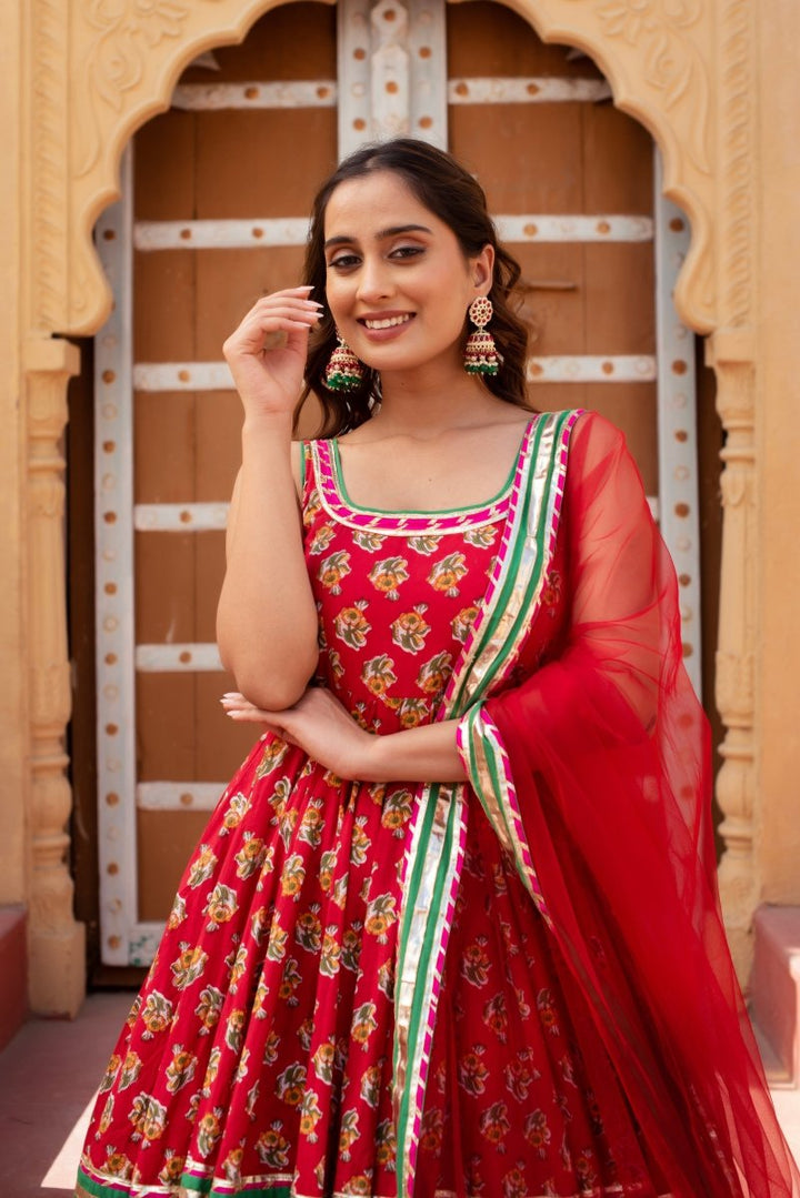 CHHIPA BAZAR PARI RED COTTON GOTA PATTI ANARKALI SET WITH SOFT NET DUPATTA - Pomcha Jaipur