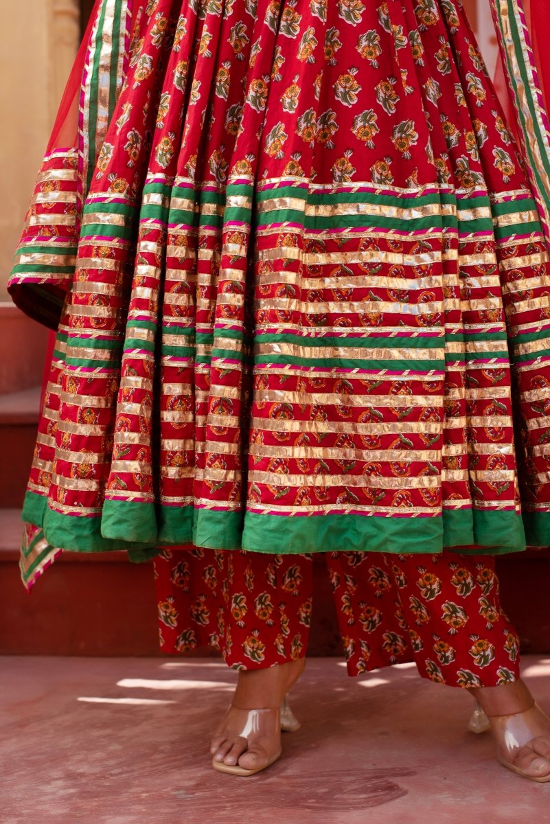 CHHIPA BAZAR PARI RED COTTON GOTA PATTI ANARKALI SET WITH SOFT NET DUPATTA - Pomcha Jaipur
