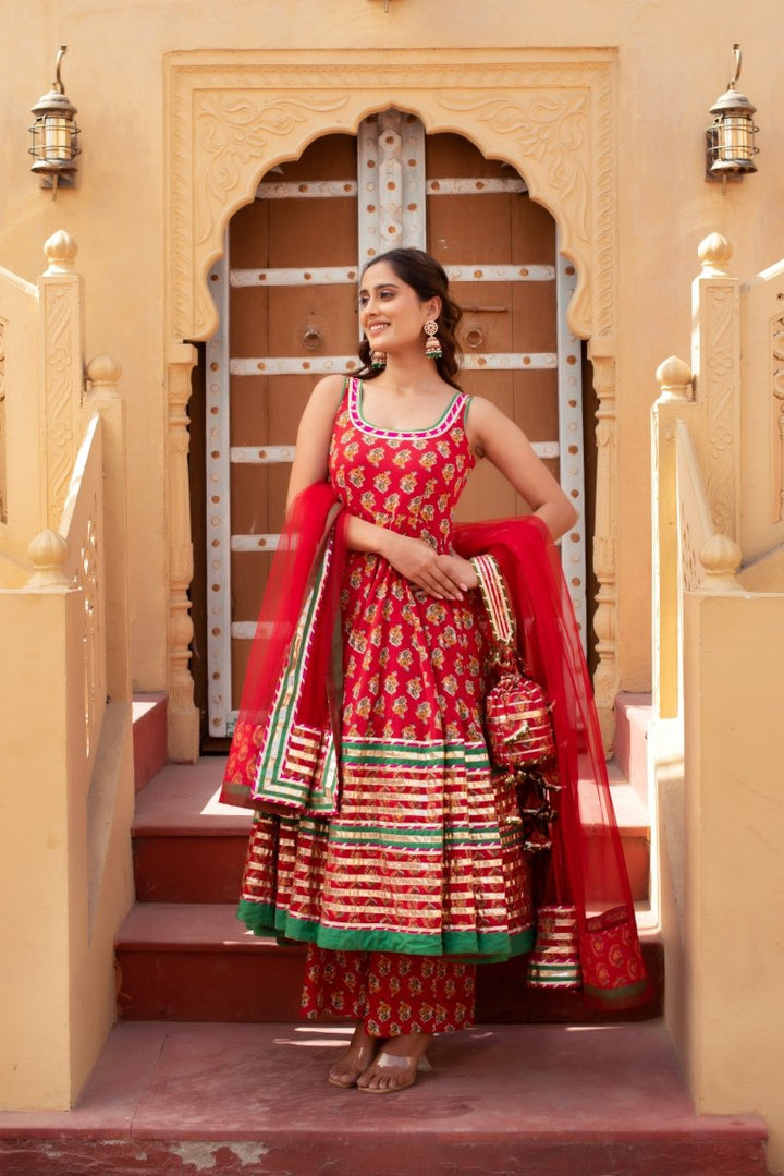 CHHIPA BAZAR PARI RED COTTON GOTA PATTI ANARKALI SET WITH SOFT NET DUPATTA - Pomcha Jaipur