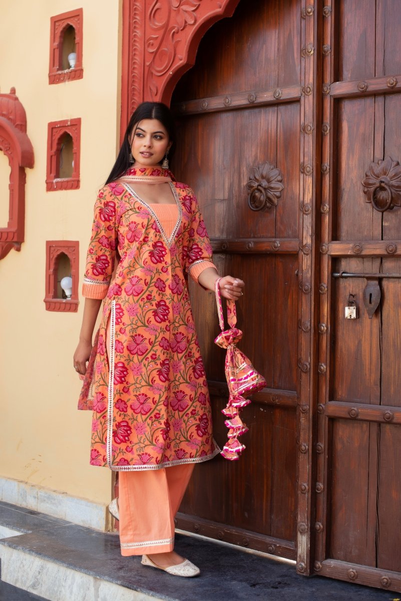 CHHIPA BAZAR PEACH COTTON HAND BLOCK PRINT SUIT SET WITH SOFT NET DUPATTA - Pomcha Jaipur