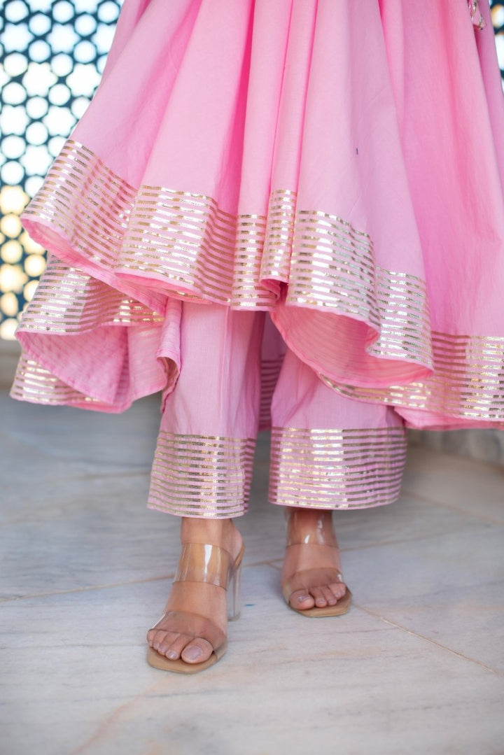 CHHIPA BAZAR PINK COTTON GOTA PATTI ANGRAKHA SET WITH ORGANZA DUPATTA - Pomcha Jaipur