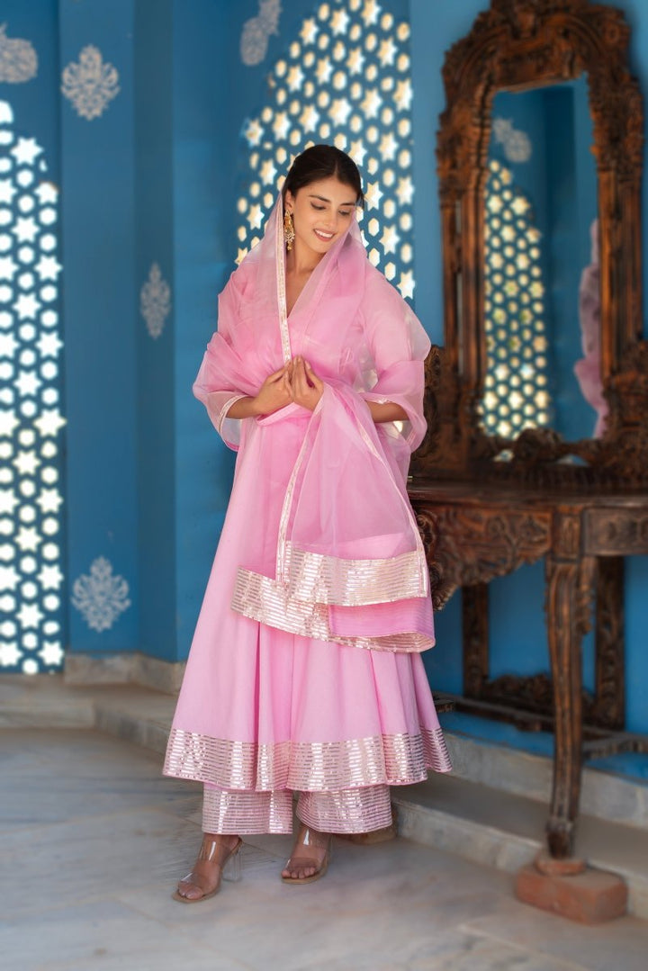 CHHIPA BAZAR PINK COTTON GOTA PATTI ANGRAKHA SET WITH ORGANZA DUPATTA - Pomcha Jaipur