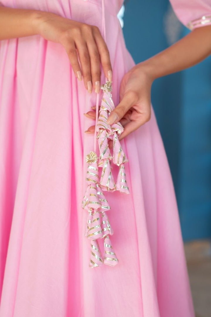 CHHIPA BAZAR PINK COTTON GOTA PATTI ANGRAKHA SET WITH ORGANZA DUPATTA - Pomcha Jaipur