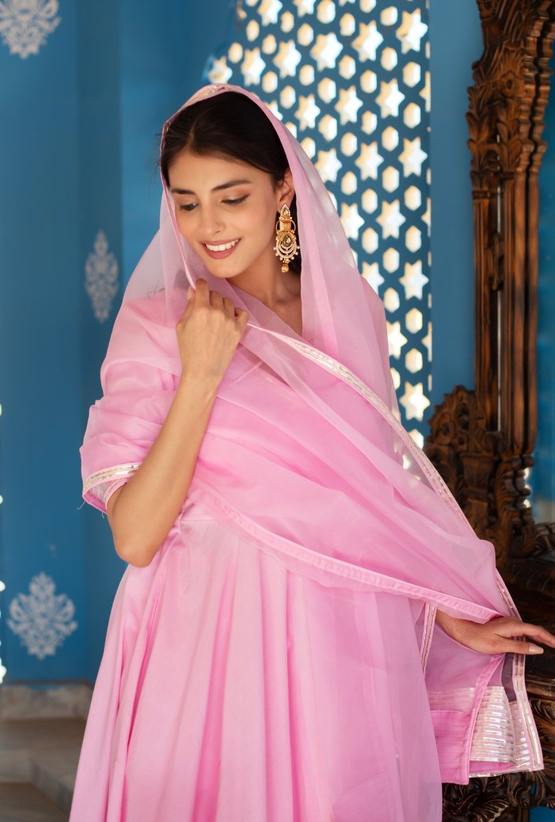 CHHIPA BAZAR PINK COTTON GOTA PATTI ANGRAKHA SET WITH ORGANZA DUPATTA - Pomcha Jaipur