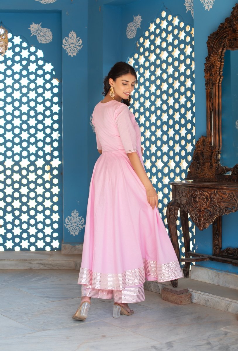 CHHIPA BAZAR PINK COTTON GOTA PATTI ANGRAKHA SET WITH ORGANZA DUPATTA - Pomcha Jaipur