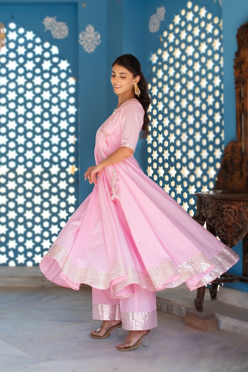 CHHIPA BAZAR PINK COTTON GOTA PATTI ANGRAKHA SET WITH ORGANZA DUPATTA - Pomcha Jaipur