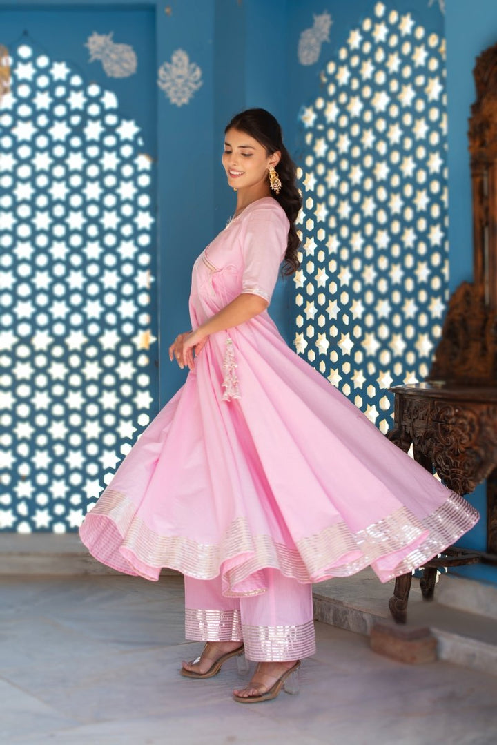 CHHIPA BAZAR PINK COTTON GOTA PATTI ANGRAKHA SET WITH ORGANZA DUPATTA - Pomcha Jaipur