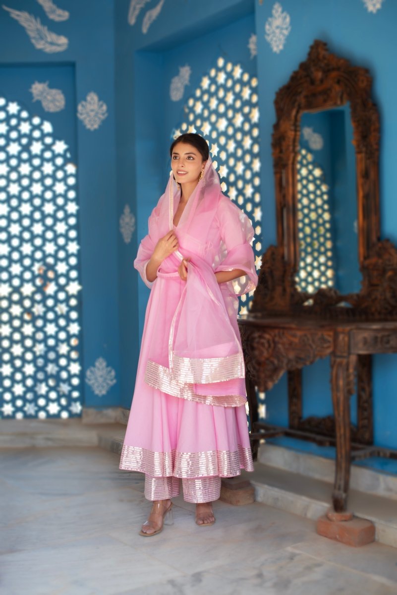CHHIPA BAZAR PINK COTTON GOTA PATTI ANGRAKHA SET WITH ORGANZA DUPATTA - Pomcha Jaipur