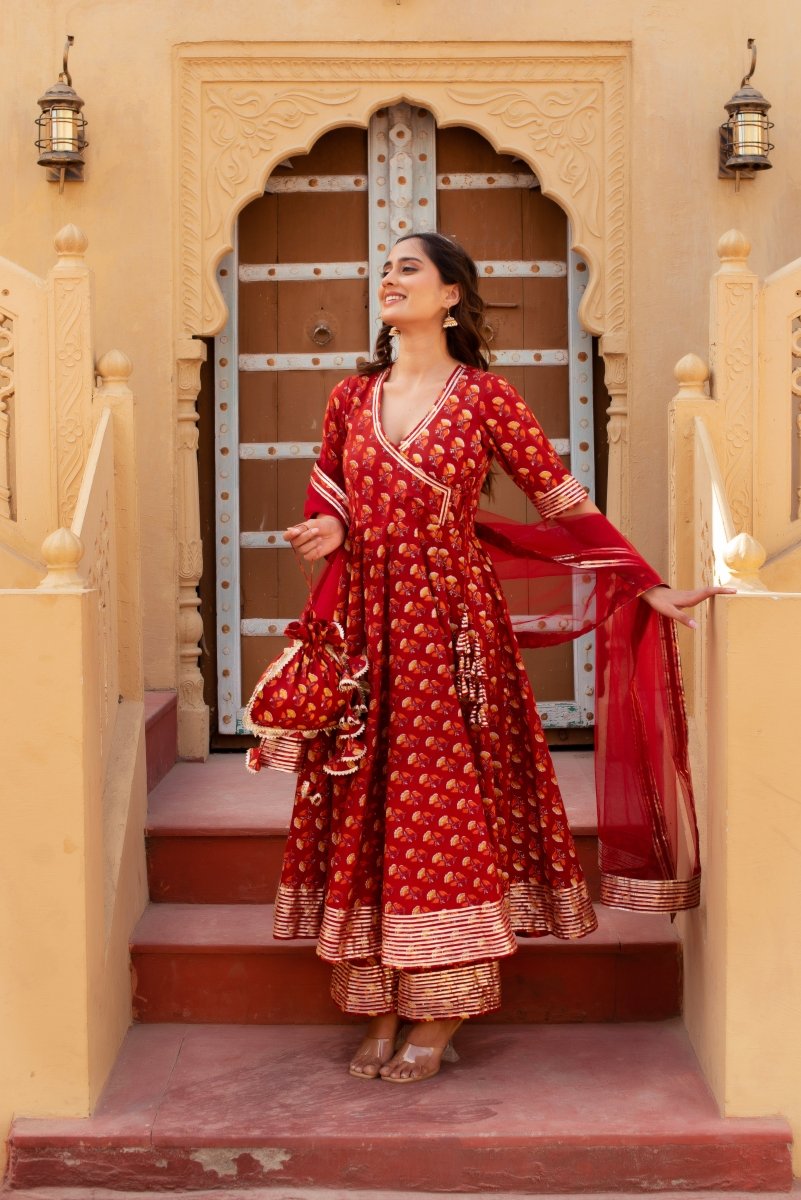 CHHIPA BAZAR RED COTTON GOTA PATTI HAND BLOCK ANGRAKHA SET WITH SOFT NET DUPATTA - Pomcha Jaipur