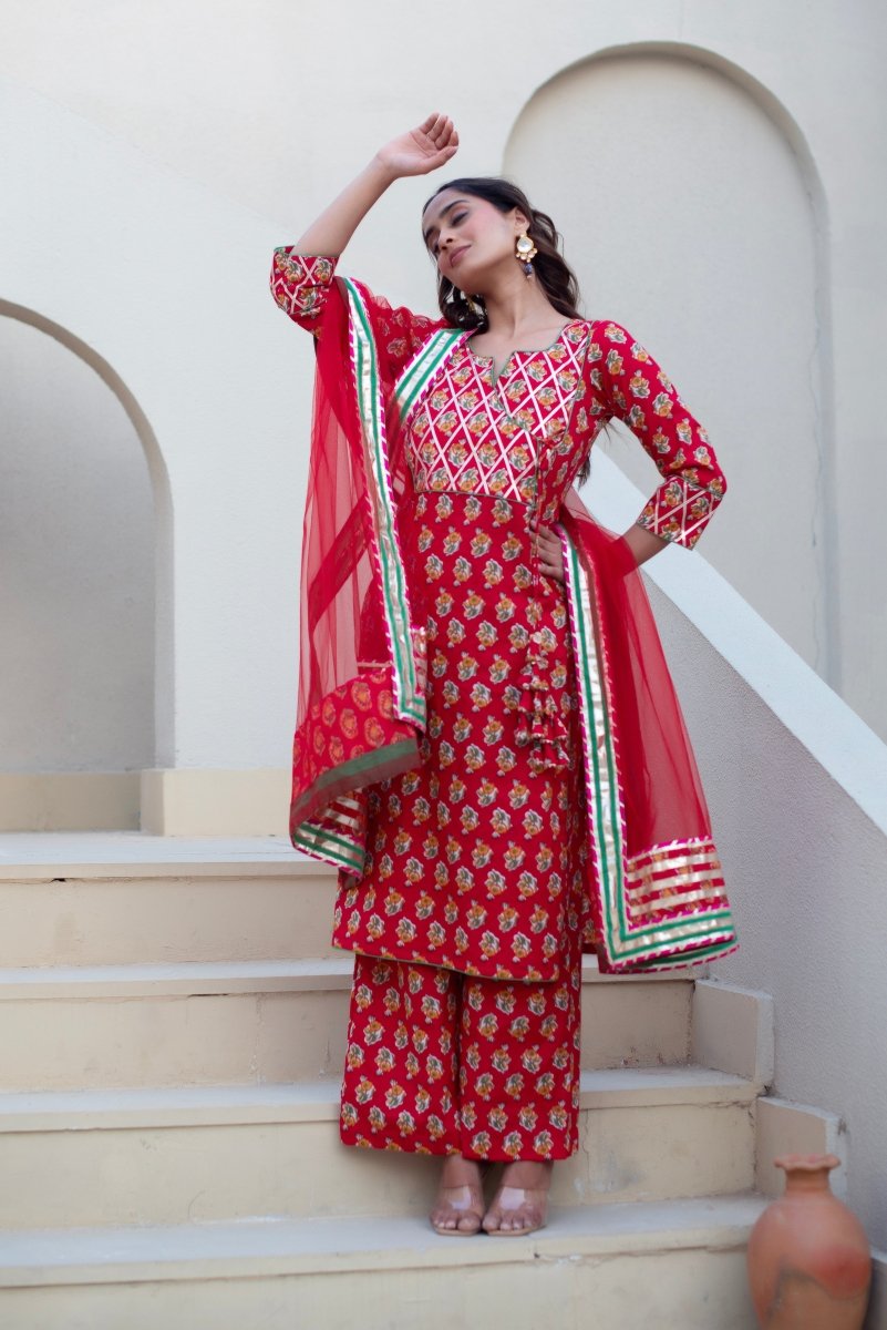 CHHIPA BAZAR RED GOTA PATTI COTTON HAND BLOCK KURTA SET WITH SOFT NET DUAPTTA - Pomcha Jaipur